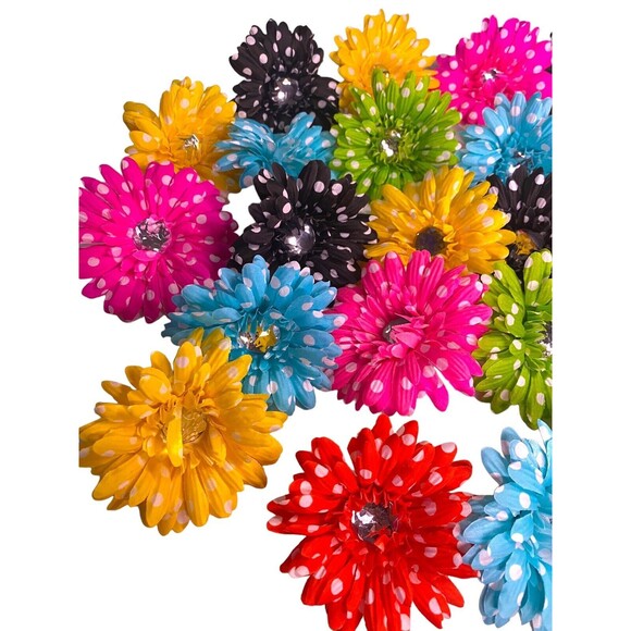 27 Polka Dot Daisy W/Large Rhinestone Multicolor 4” Floral Tops Only Artificial - Picture 3 of 10